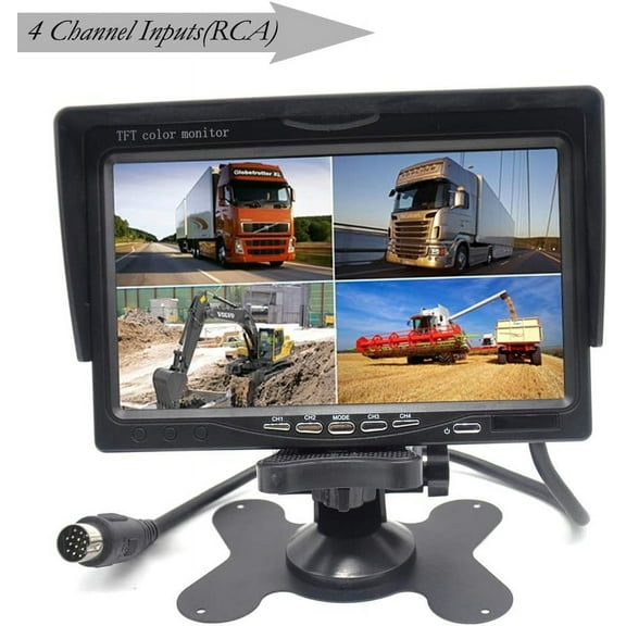 Padarsey 7" TFT LCD Car Rearview Quad Split Monitor,Remote Control, 4 Channels RCA Video Inputs(4-PIN Shockproof Connector) - 12V-24V 800×480HD Screen w/Sunshade Anti-Glare