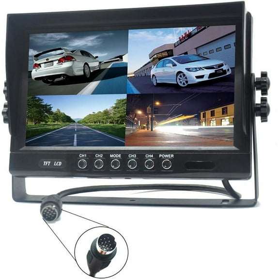 Padarsey 9" TFT LCD Car Rearview Quad Split Monitor,Remote Control, 4 Channels 4-PIN Connector Video Inputs Shockproof - 12V-24V 800480HD Screen w/Sunshade Anti-Glare