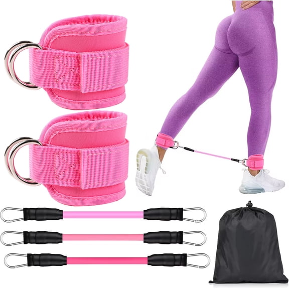 Padded Ankle Straps Cable Machine Training Kit With 3 Resistance Bands For Glute Leg Hip Fitness Workout Daily Gym Use, 1 Set