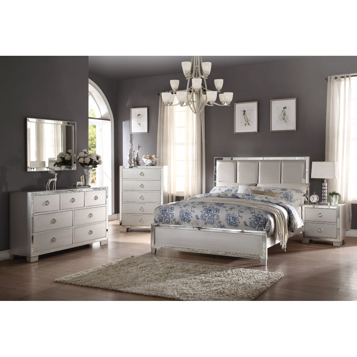 Elegant Voeville Platinum Queen Bed with Faux Leather Headboard