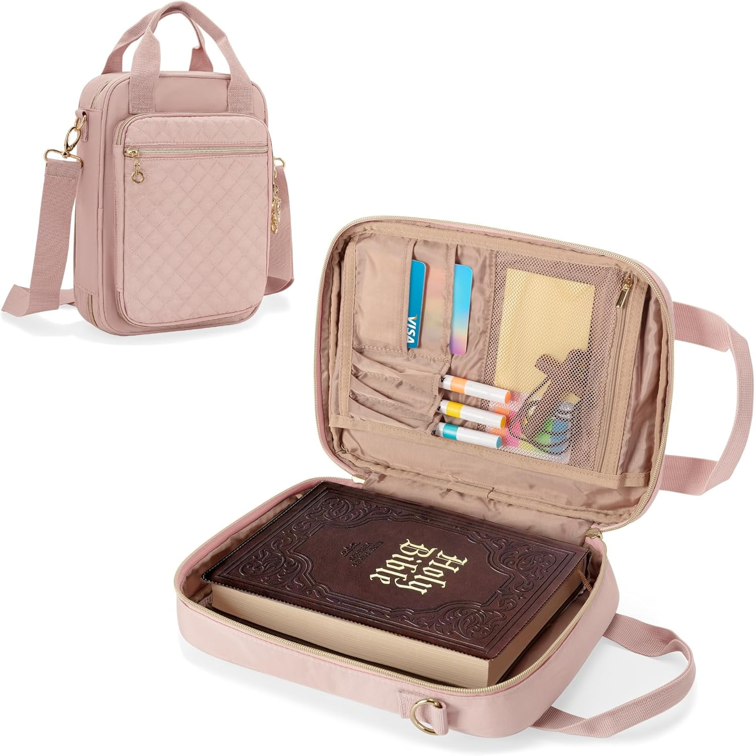 Padded Bible Book Bag with Adjustable Crossbody Strap, Multiple Pockets ...