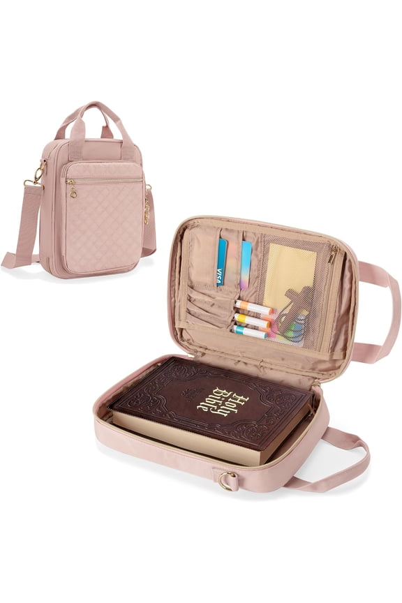 Padded Bible Book Bag with Adjustable Crossbody Strap, Multiple Pockets for Storage of Books, Tablet, Stationery, Perfect for Church, Travel, Gifts ,Pink