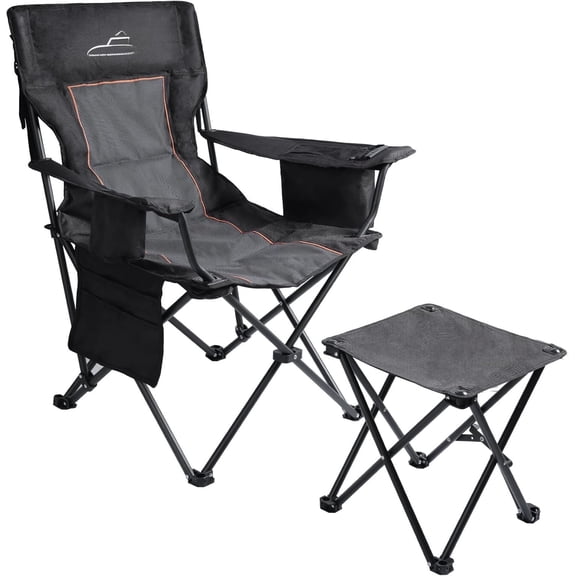 Padded Camping Chair with Footrest Stool Set Heavy Duty Support 300 LBS Cooler Bag Chair - Black