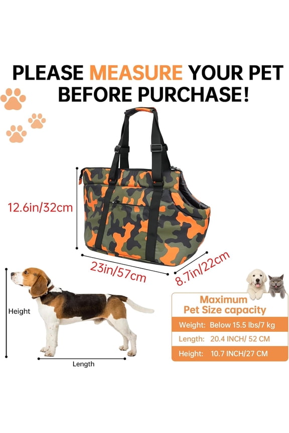 Padded Dog Bag Carrier for Large Dog, Pet Tote Bag Carrying Purse for Dog/Cat Below 7kg/15.5lbs - Camouflage Orange