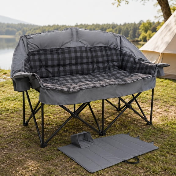 Padded Double Camping Chair Loveseat Couch with 2 in 1 Carry Bag, Gray | Oversized 2 Person Camping Chairs Heavy Duty Folding Camp Lawn Sofa with Cup Holders for Adults, 900 LBS