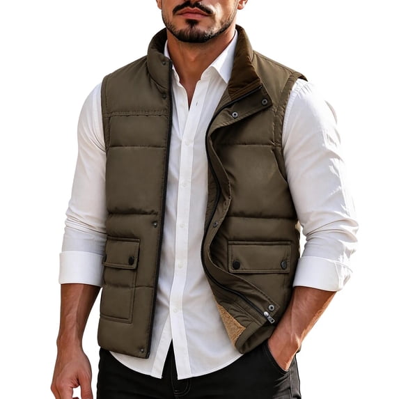 Poclets Padded Fleece Lined Stand Collar Vest with Multi Cargo Pockets for Men ...