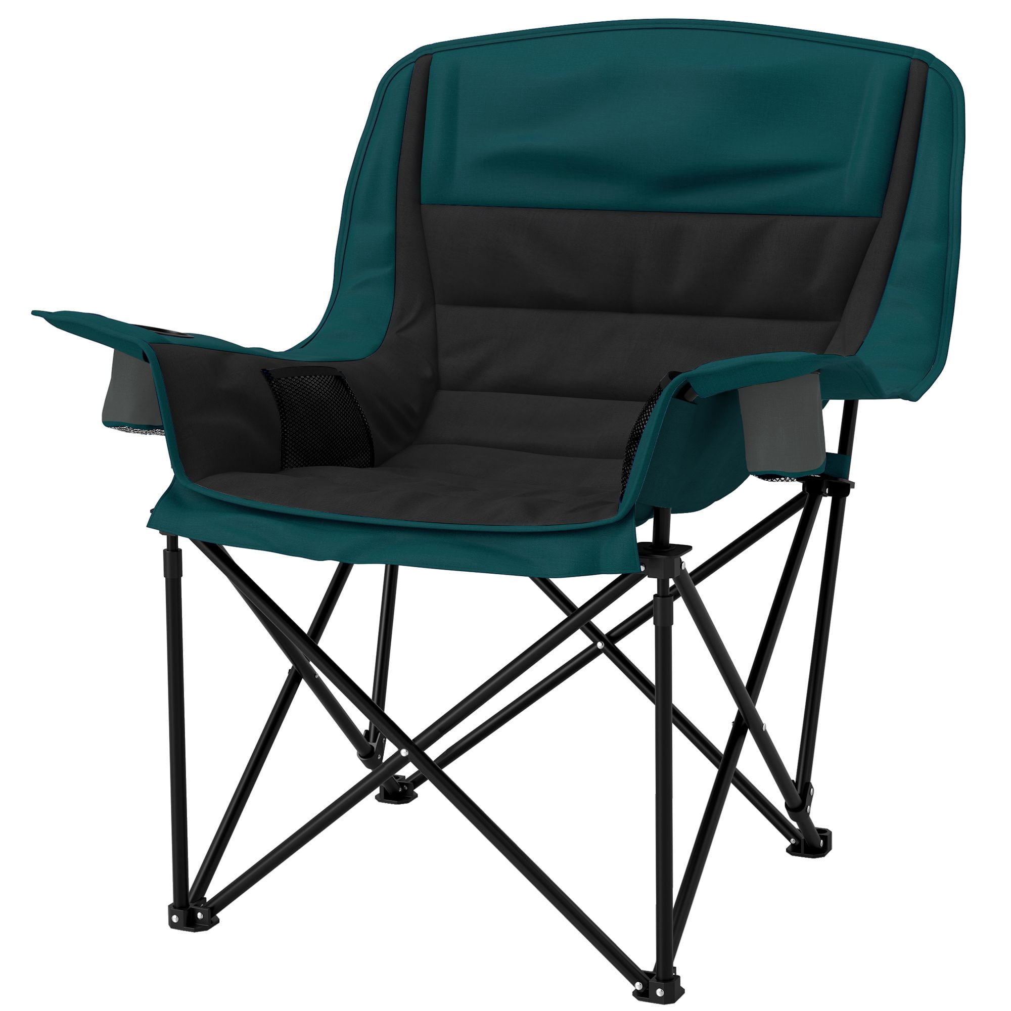 Padded Folding Camping Chair with Carry Bag, High Density Cushioned Lawn Chair 600D Oxford Fabric Metal Frame with 2 Cup Holders Side Pockets Supports 265lbs for Fishing Outdoor Dark Green Black