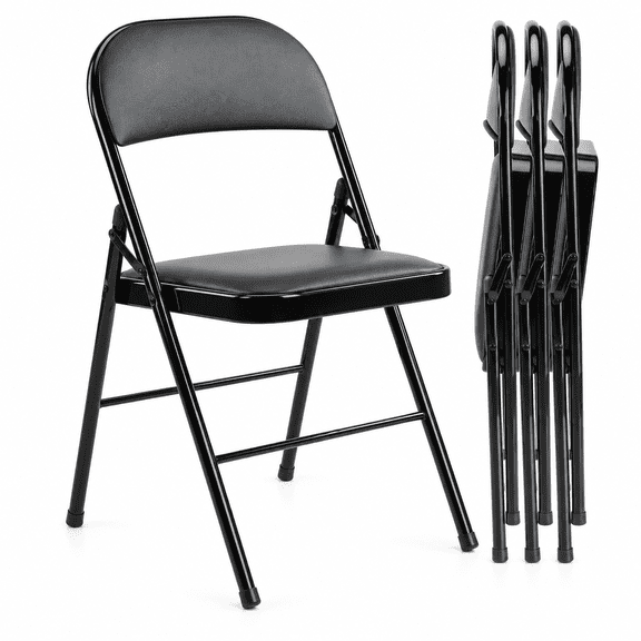 Padded Folding Chairs, Heavy Duty Faux Leather Cushion Seat with Sturdy Metal Frame, Portable Lightweight Foldable Chairs for Home, Office, Party and Events, 4-Pack