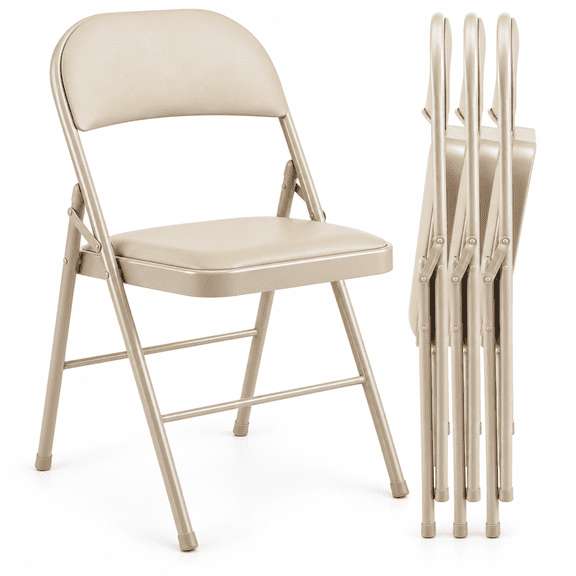 Padded Folding Chairs, Heavy Duty Faux Leather Cushion Seat with Sturdy Metal Frame, Portable Lightweight Foldable Chairs for Home, Office, Party and Events, 4-Pack