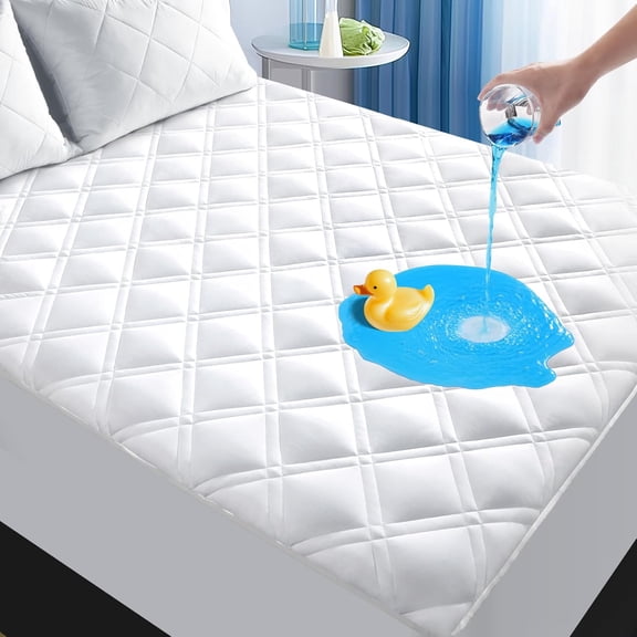 Padded Full Mattress Protector, Breathable Waterproof Mattress Pad Cover Fitted Deep Pocket 8"-21", Soft Noiseless Mattress Cover Washable Cooling for Home Hotel Bedroom, White