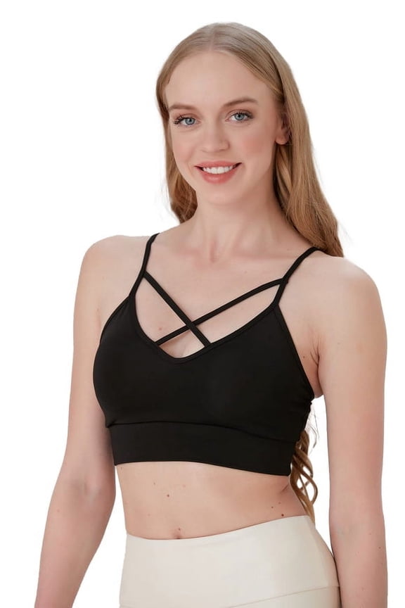 Padded Ladies Workout Wear, Crisscross Front Plunge Neck Top - NEW ARRIVALS!