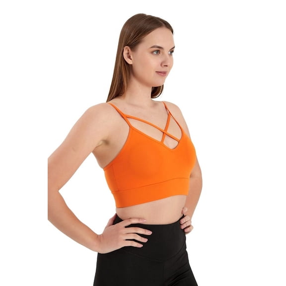 Wear Sierra Women's Crisscross Plunge Neck Padded Bra Top, Silky Soft, Strappy Design, Orange, S/M