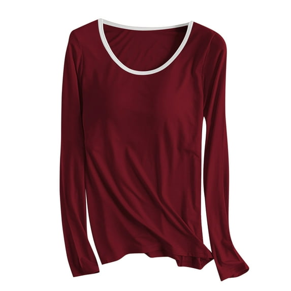 Padded Long Sleeve Tops for Women Built in Bra Pajamas Camisole Shirts Yoga Tops Casual Loose Round Neck Long Sleeve T-Shirt Blouses Cotton Sleepwear Wine XL