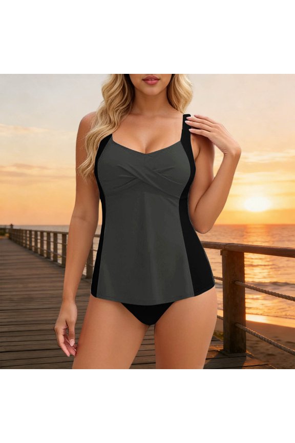Padded Modest Tankini Set Women With Pockets Backless Strap Color Block Off Shoulder for Beach Swimming Summer Holiday Casual Wear Trips Gray XXL