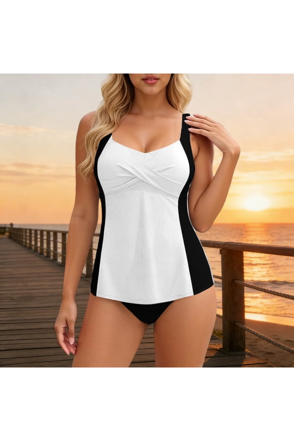 Padded Modest Tankini Set Women With Pockets Backless Strap Color Block Off Shoulder for Beach Swimming Summer Holiday Casual Wear Trips White XXL