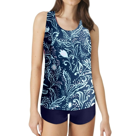 Padded Modest Tankini Swimsuits for Women Vintage Floral High Waist Bathing Suits 2 Piece Swimwear Swim Top Boyshrots Black, L