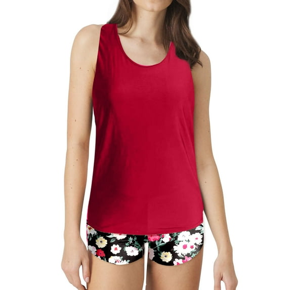 Padded Modest Tankini Swimsuits for Women Vintage Floral High Waist Bathing Suits 2 Piece Swimwear Swim Top Boyshrots Red, 2XL
