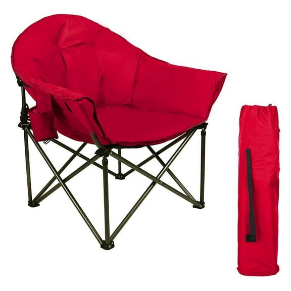 Padded Oversized Folding Camping Chair, Portable Moon Saucer Chair, Round Outdoor Chair with Cup Holder and Carry Bag for Adults, Hiking, Camping, Fishing, Red