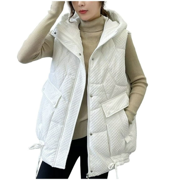 Padded Puffer Vest for Women Sleeveless Solid Hooded Zip Up Jacket with Pockets White 2XL
