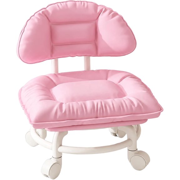 Padded Rolling Low Stool with Backrest 360° Swivel,Pink | Mobile Low Backrest Chair for Entryway, Cleaning and Kitchen Tasks Padded PU Leather Cushion 4-Caster Compact Rolling Seat