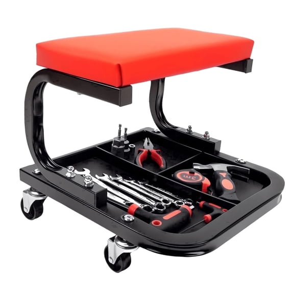 XUNXUNRA Padded Rolling Mechanic Stool with Tool Tray and Casters, 300 lbs Heavy Duty Garage Creeper Seat for Auto Repair, Black & Red