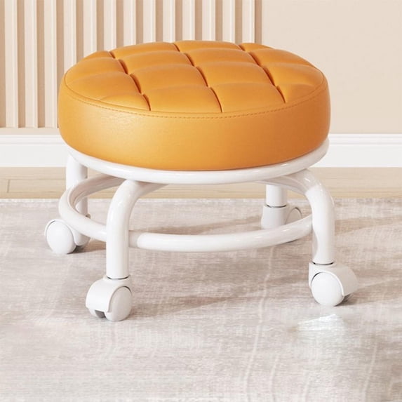 Padded Rolling Stool with 360° Swivel Wheels , Low Profile Round Soft Cushion Seat , Heavy Duty Sturdy Metal Frame , Mobile Utility Stool for Home office Kitchen Salon Makeup Cleaning Craft Work