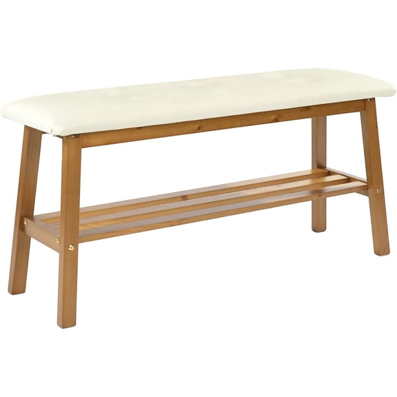 Padded Solid Wood Bench with Shoe Rack Storage, Light Brown, 39" for Entryway, Bedroom, Kitchen & Living Room