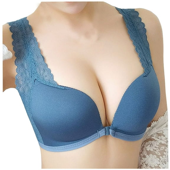 Padded Sports Bra Women Fashion Plus Size Bra Comfortable Breathable Underwear V-Neck Padded Bra Feature Hook and Eye Closure Molded Bra Style Y-309 , Blue 36