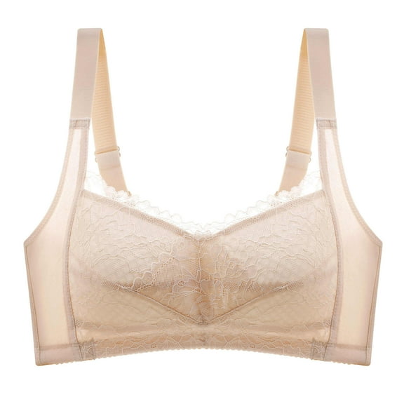 Padded Sports Bras for Women Ladies Comfortable Breathable No Underwire Lace Small Bra Woman Underwear V-Neck Full-Coverage Bra Feature Hook and Eye Closure Padded Bra Style Y-597 , Beige M