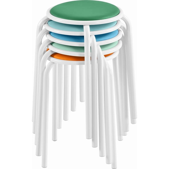 Padded Stackable Stools Set of 5, Classroom Seating, Pastel Tones | Foam-padded faux-leather seats, stackable metal frames, up to 276 lb each; comfy pastel-tone seating for classroom or home.