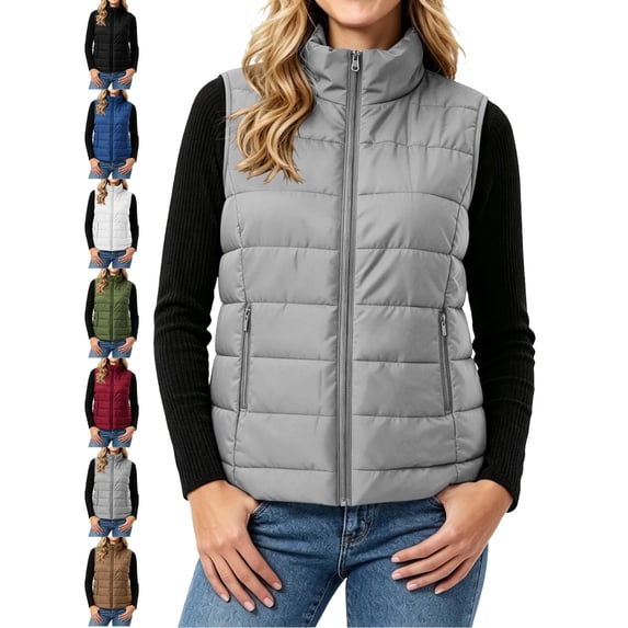 Padded Vest for Women Stand Collar Quilted Zip Front Side Pockets Warm Fall Winter Vest