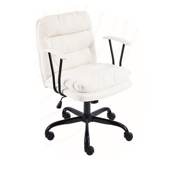 Padded White Desk Chair with Removable Armrests, Adjustable Swivel Computer Task Chair, Dual-Base Rolling Stationary Nail Tech Chair, Linen Fabric Office Chair for Home Sewing Makeup Vanity, White