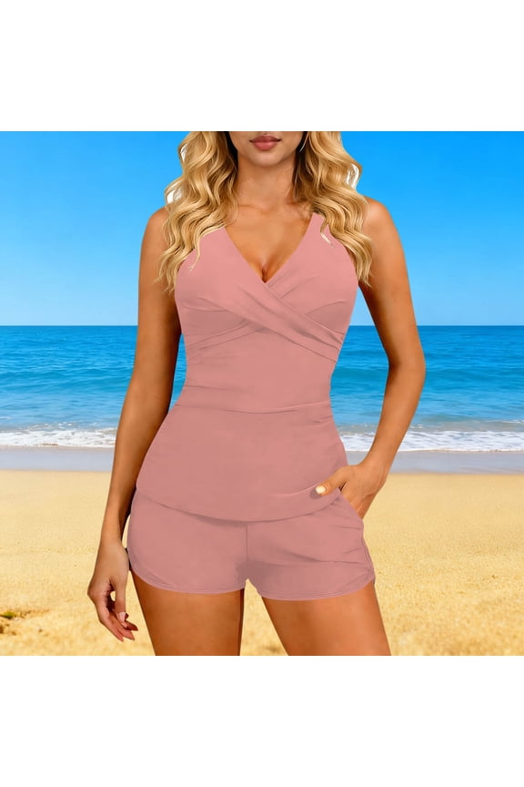 Padded Women's Modest Tankini Swimsuit Set With Pockets Off Shoulder Backless Strap for Summer Beach Pool Holiday Fun Trips Pink XXL