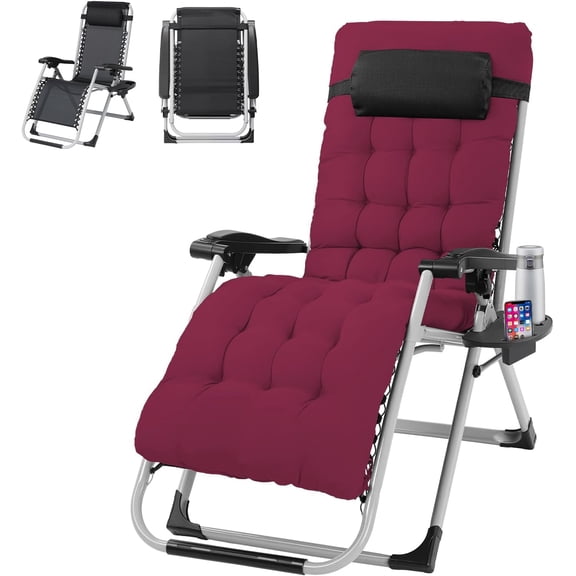 Padded Zero Gravity Chair, Lounge Chair with Removable Cushion & Tray, Folding Reclining Patio Chairs, Recliner Chair for Lawn, Indoor Outdoor-Red