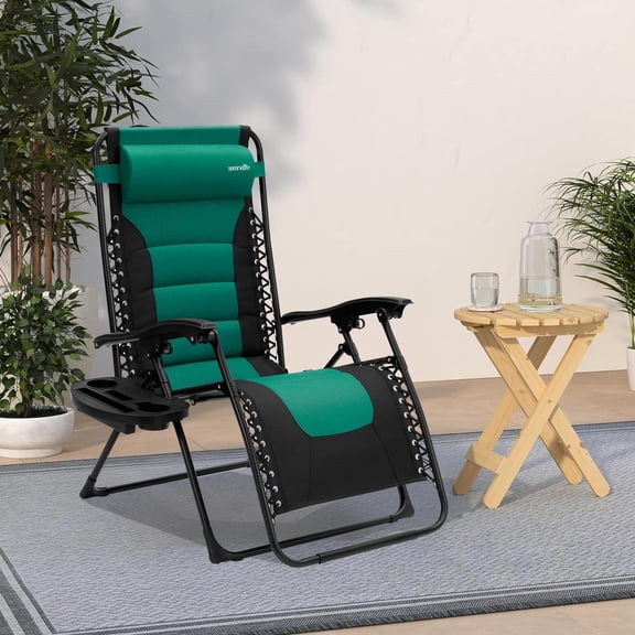 Padded Zero Gravity Lounge Chair - Reclining Chairs - Outdoor Lounge Chairs with Detachable Cup Holder Tray - Folding Recliner Chair with Removable Pillows - 1, Green and Black
