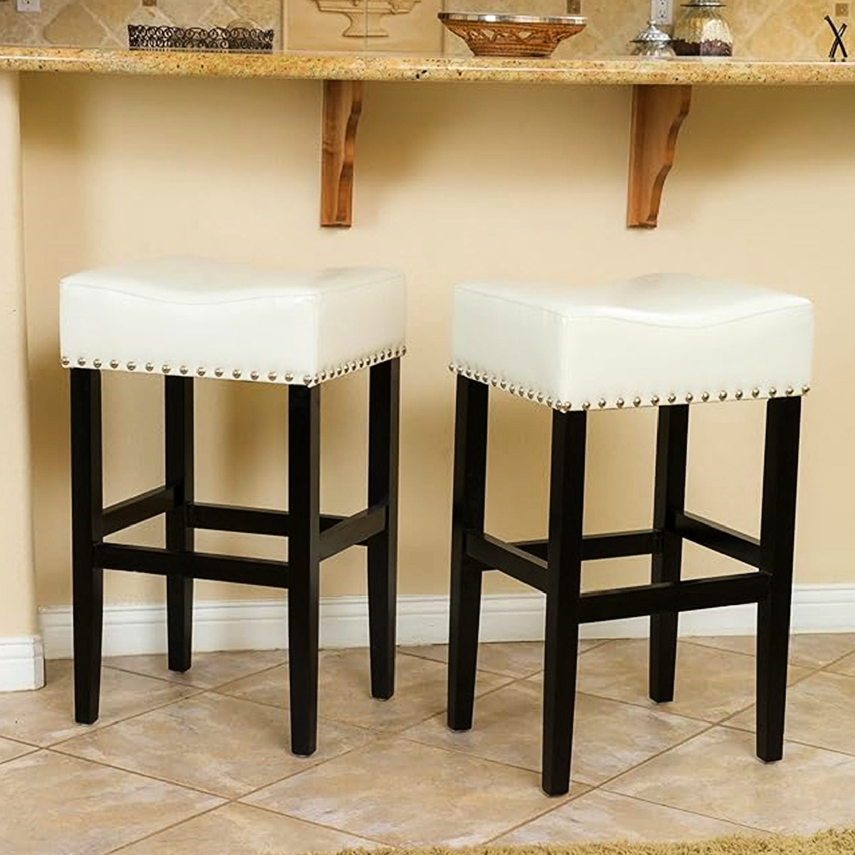 Padded and Elegant - Pair of Ivory Leather Bar Stools for Home Decor ...