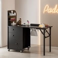 thumbnail image 1 of Paddie Foldable Nail Desk Nail Table for Nail Tech, Folding Manicure Table Station w/Dust Collector, 2 Open Shelves & 2 Drawers, Foldable Manicure Desk w/Wrist Cushion, Lockable Wheels(Black)), 1 of 9