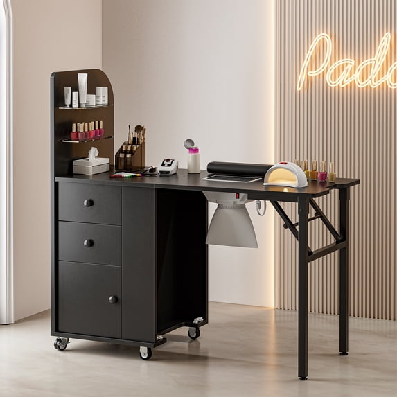 Paddie Foldable Nail Desk Nail Table for Nail Tech, Folding Manicure Table Station w/Dust Collector, 2 Open Shelves & 2 Drawers, Foldable Manicure Desk w/Wrist Cushion, Lockable Wheels(Black))