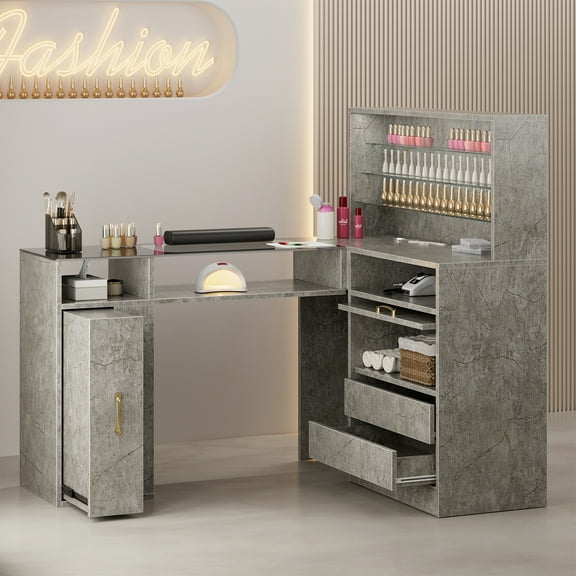 Paddie L-Shaped Manicure Table with Shelves, Glass Top Nail Table Station Acetone Resistant w/Storage Drawers, Gold Handles, Cabinet, Wrist Cushion & LED Lights(Grey Marble)