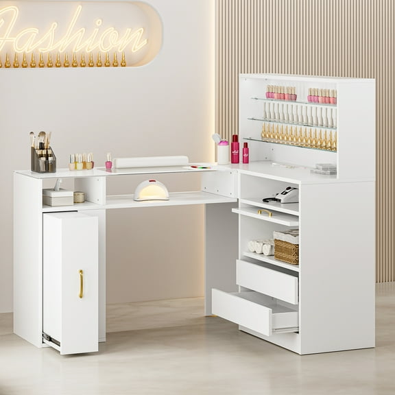 Paddie L-Shaped Manicure Table with Shelves, Glass Top Nail Table Station Acetone Resistant w/Storage Drawers, Gold Handles, Cabinet, Wrist Cushion & LED Lights(White)