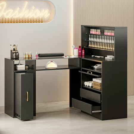 Paddie L-Shaped Manicure Table with Shelves, Glass Top Nail Table Station Acetone Resistant w/Storage Drawers, Gold Handles, Cabinet, Wrist Cushion & LED Lights(Black)