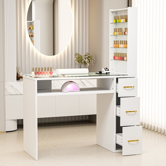 Paddie Manicure Table with Drawers, Glass Top Nail Desk Nail Tech Table w/Storage Shelves, Wrist Cushion, Golden Handles, Spa Beauty Salon Station (White)