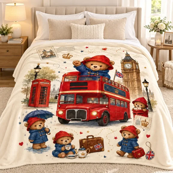 Paddington Bear Blanket, Cozy Blanket, London Red Bus Big Ben Flannel Throw, British Adventure Vintage Cartoon Blanket for Couch Bed, Gift for Paddington Fans
