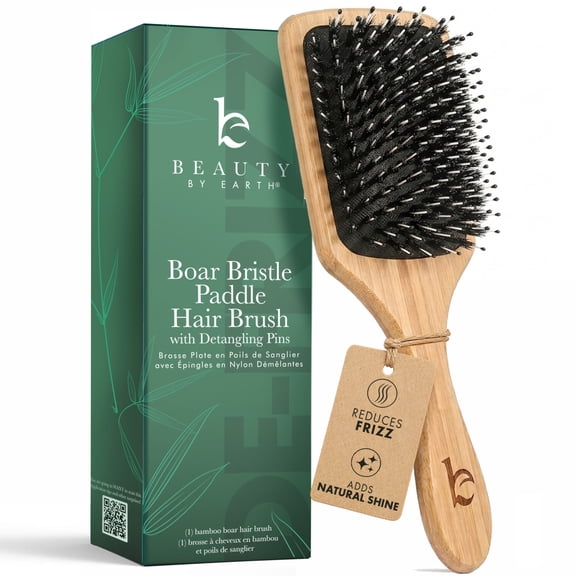 Beauty by Earth Boar Bristle Paddle Hair Brush, Adds Shine & Tames Frizz, Smoothing Brush for Long, Thick, Wet & Dry Hair, Best for Women, Men & Kids