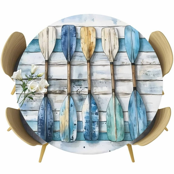Paddle Round Fitted Table Cover Vintage Wood Grain Waterproof Table Cloth with Elastic Edge Wipeable Tablecloth for Picnic Camping Party Fits 55"-60" Diameter