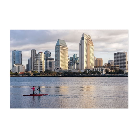 Paddleboarding Serenity - Photography Cityscape Skyline Harbor City Architecture Seaside Unframed Wall Art Print 12 x 18 inches