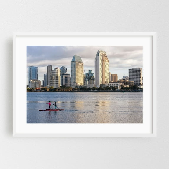 Paddleboarding Serenity - Photography Cityscape Skyline Harbor City Architecture Seaside White Framed Wall Art Print 20 x 30 inches