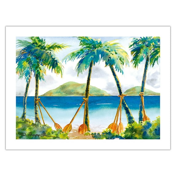 Paddling to Church - Hawaiian Canoe Paddles (Hoe) against Palm Trees - From an Original Hawaii Watercolor Painting by Peggy Chun - Bamboo Fine Art 290gsm Paper Print (Unframed) 24x32in