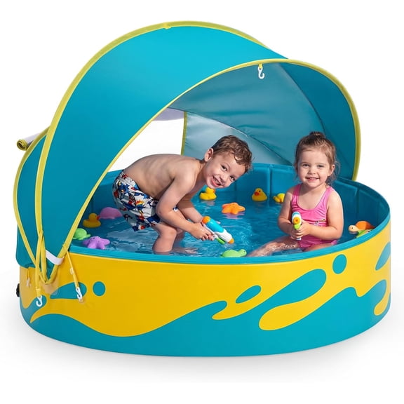 Paddling Pool for Kids and Pets, 48in Portable Baby Pool with Canopy Non Inflatable & UV Protection, Toddlers Ball Pit and Kiddie Splash Toys for Backyard Beach Tent Easy Pop Up Outdoor