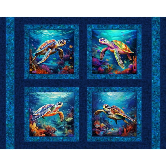 Paddling Sea Turtles Pillow Panel Cotton Fabric